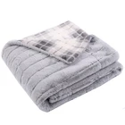 New Design High Quality Jacquard Stripe Rabbit Skin Fur Throw With Check Printed Flannel Fleece Lining Blanket