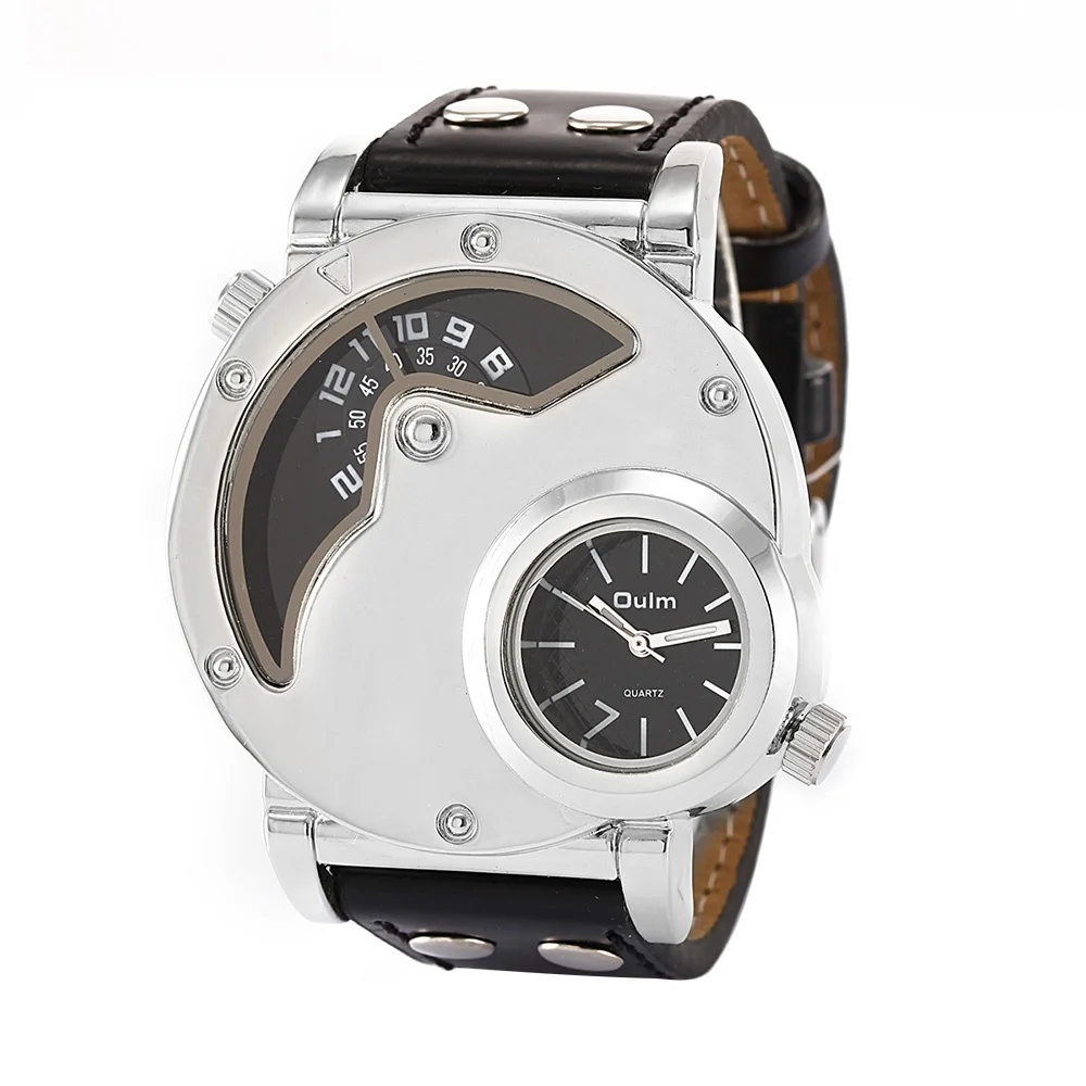 2015 Casual&Fashion Time-limited Glass Men Watches Men Watches Oulm Multi-function Dual Movt Leather Quartz Wrist Watch men