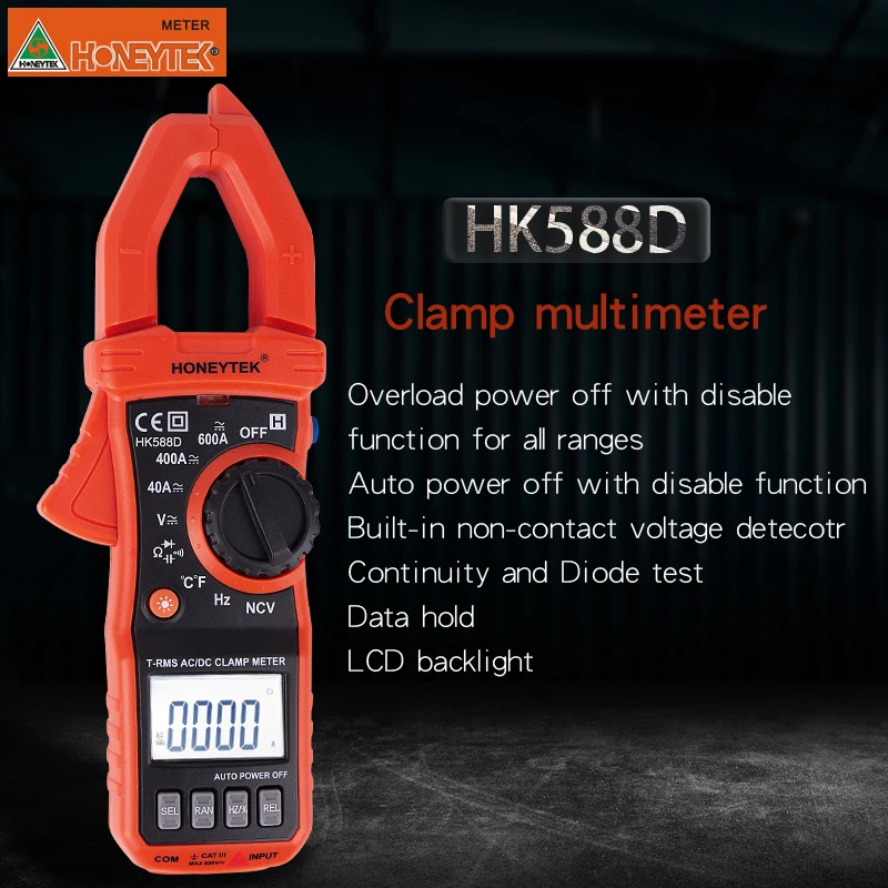 HK588D digital clamp multimeter multimetro display true RMS for accurate AC voltage current Overload protection temperature