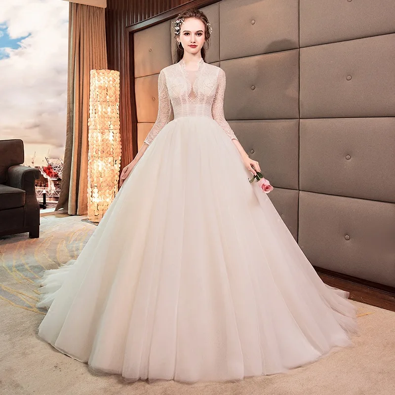 2019 elegante cuello alto tres cuartos de cuentas boda Vestido corte vestido de novia