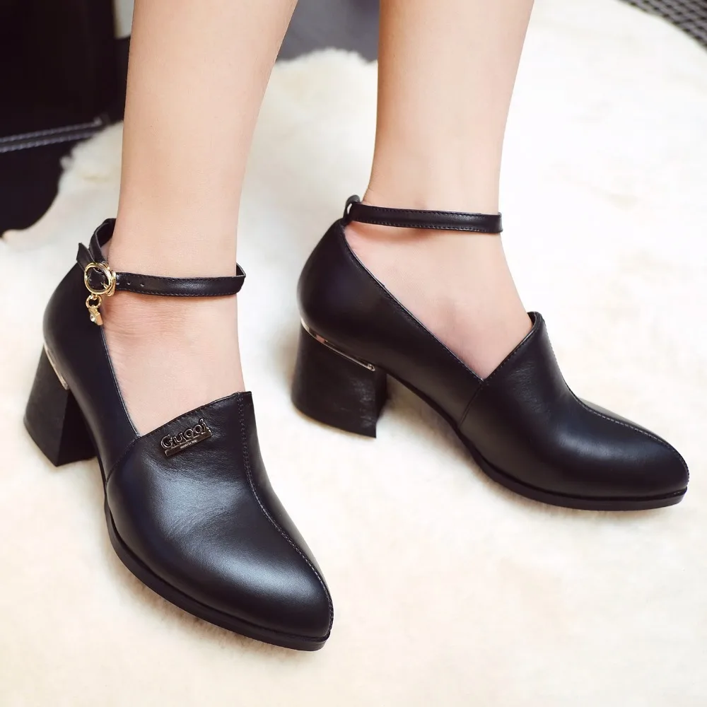 2015 women 5.5cm med heels comfort OL mary janes shoes pointed toe genuine leather women autumn Vintage Sexy Buckle Strap Pumps
