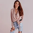 Factory Custom 2018 Autumn Pink Sexy Deep V Tie Bow Long Sleeve Tops Blouse Cotton Polyester Custom Women Shirts