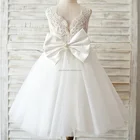 Princess V Back Ivory Lace Tulle Wedding Flower Girl Dress with Big Bow