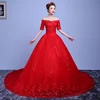 SLS044YC Red Wedding Dress With Long Tail Off Shoulder Wedding Gowns Half Sleeves Hand Made Beadings Muslim Wedding Dress 2019