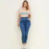 Plus Size Women Curves Blue High Waist Stretch Jeggings Denim Drop Hem Skinny Jeans Pants for Ladies