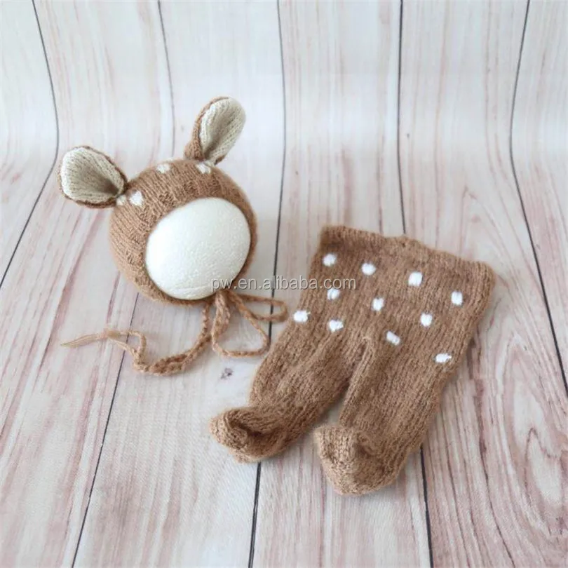 Newborn Reindeer bonnet and romper set Crochet Mohair deer bonnet Knitted baby pant photography props