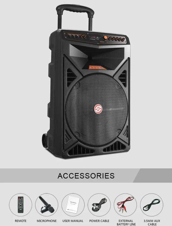 15 inch plastic dj subwoofer portable trolley wireless party speaker with Wireless Handheld Microphone, Mic/Guitar Jack