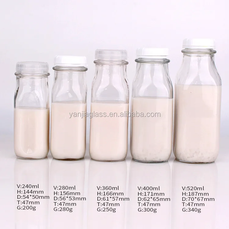 Unique 13oz square empty milk glass bottle with plastic lid