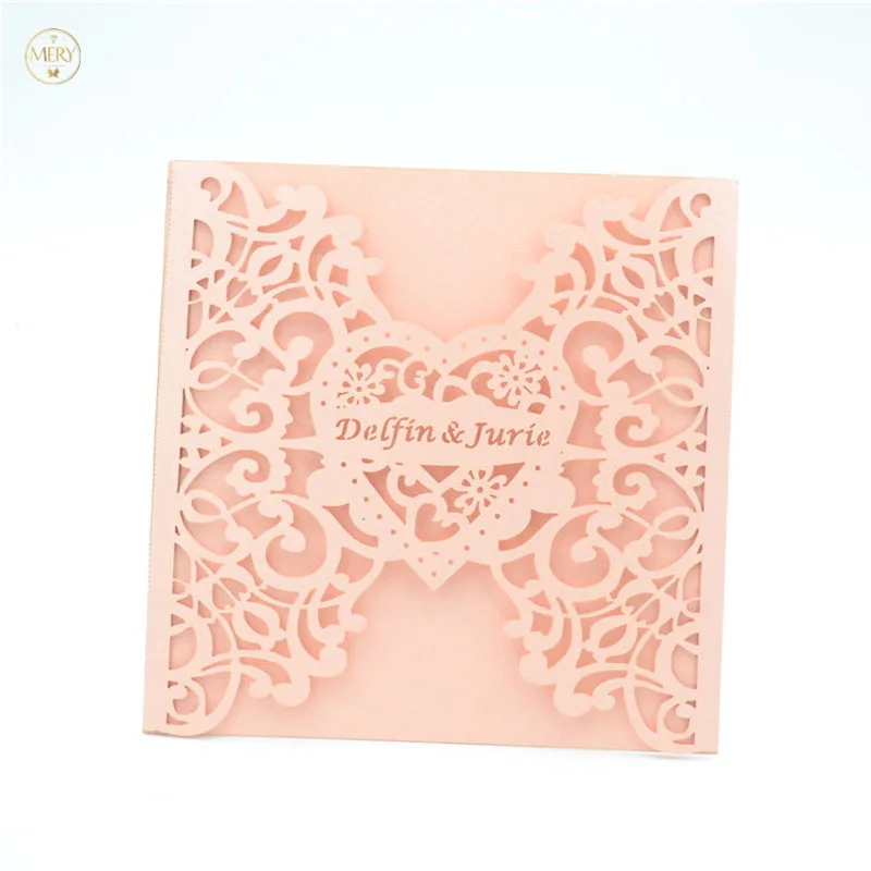 laser cut lovely heart pearl paper wedding invitation card for