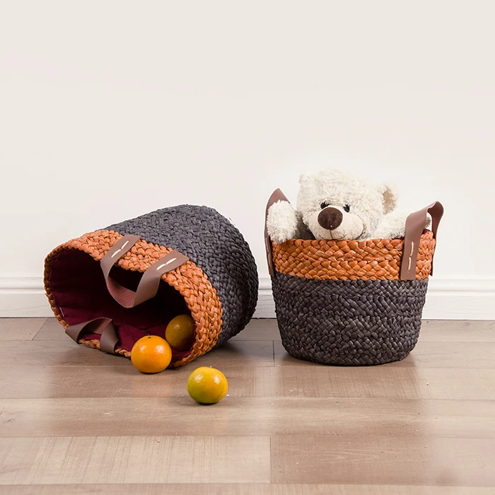 leather handle woven gift storage baskets sets for sale