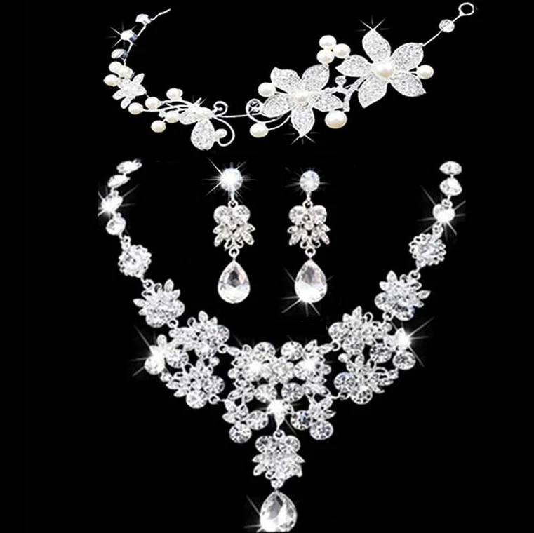 2017 New bridal jewelry crown necklace and earring set tiara rhinestone wedding accessories bridal crystal jewelry sets (1)