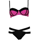 Permanently Popular Geometric Bordered Fashion Women Nice Pink Bikini Bra And Cross-wrap Waistband Black Slip