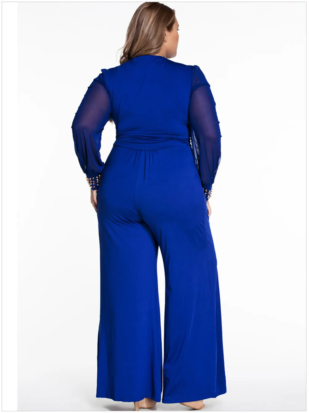 Sexy Deep V-neck Embellished Cuffs Jumpsuit 2018 Spring Party Mesh Sleeves Loose Club Pant Long Black Rompers Womens Jumpsuit (2)