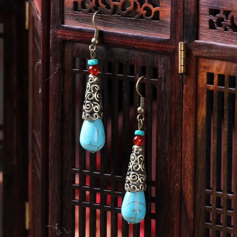 Ручная работа Винтаж БИРЮЗА СЕРЬГИ, новый оригинальный природа камни бижутерия тибетские серебряные серьги,