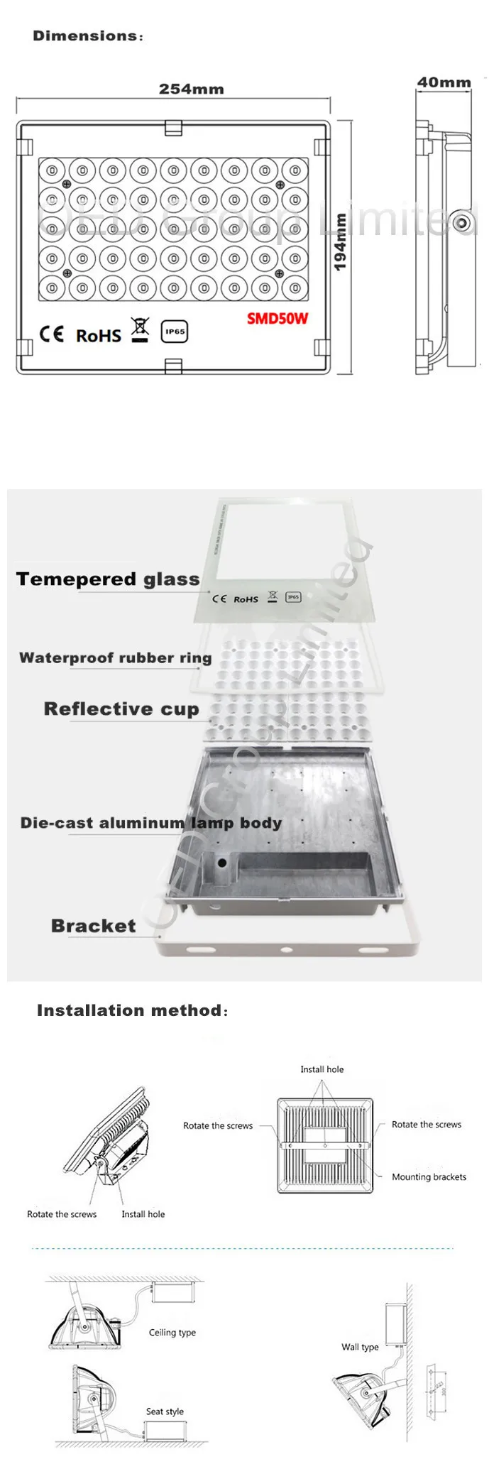 New type IP65 outdoor lighting LED 50W SMD flood light with 3 years warranty