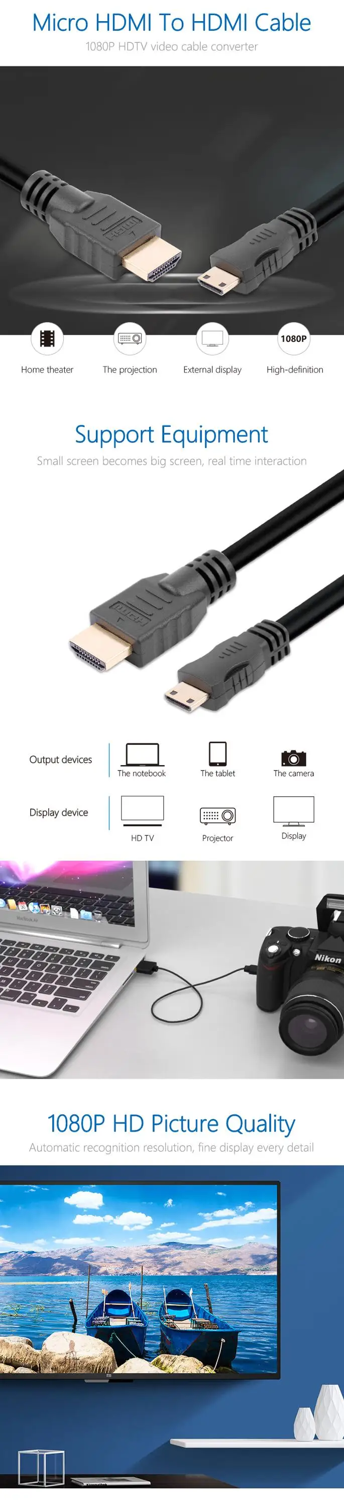 Gold plated high speed with ethernet HDMI cable to mini HDMI adapter cable - ANKUX.COM