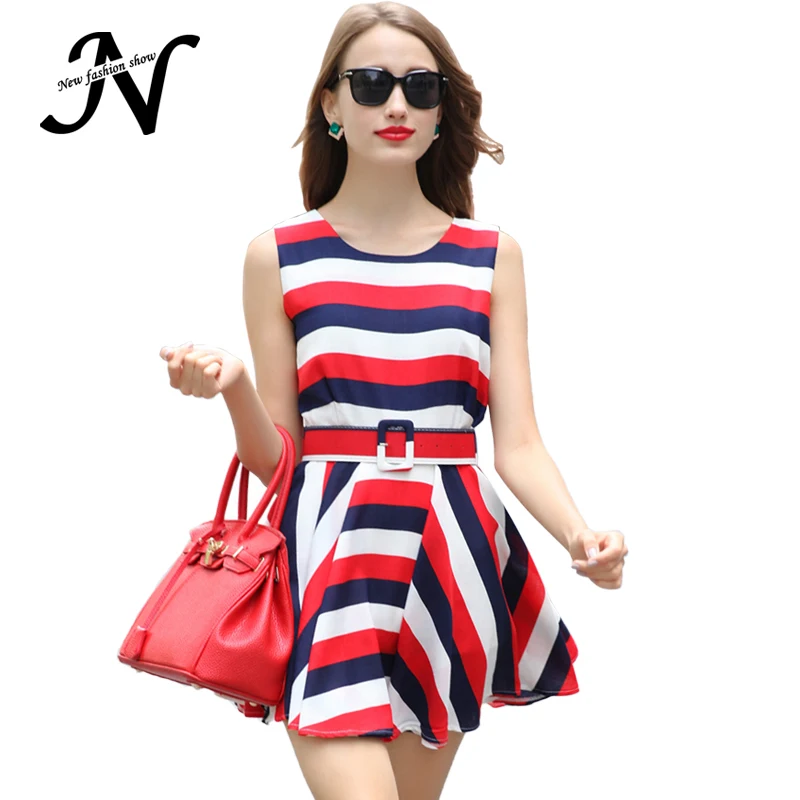 Summer Women Dress 2015 Fashion Red Yellow White Patchwork Striped Loose Casual Sleeveless European Style Dress With Belt 2606