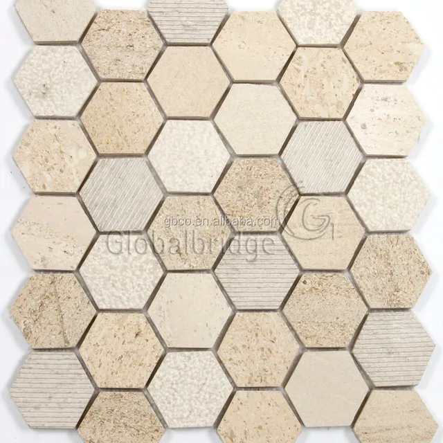 brown tint hexagon stone mosaic tiles for backsplash decoration