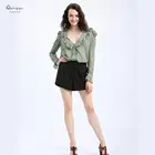 Elegant Women Taffeta Polyester Cotton V Neck Long Ruffle Sleeve Office Ladies Blouse