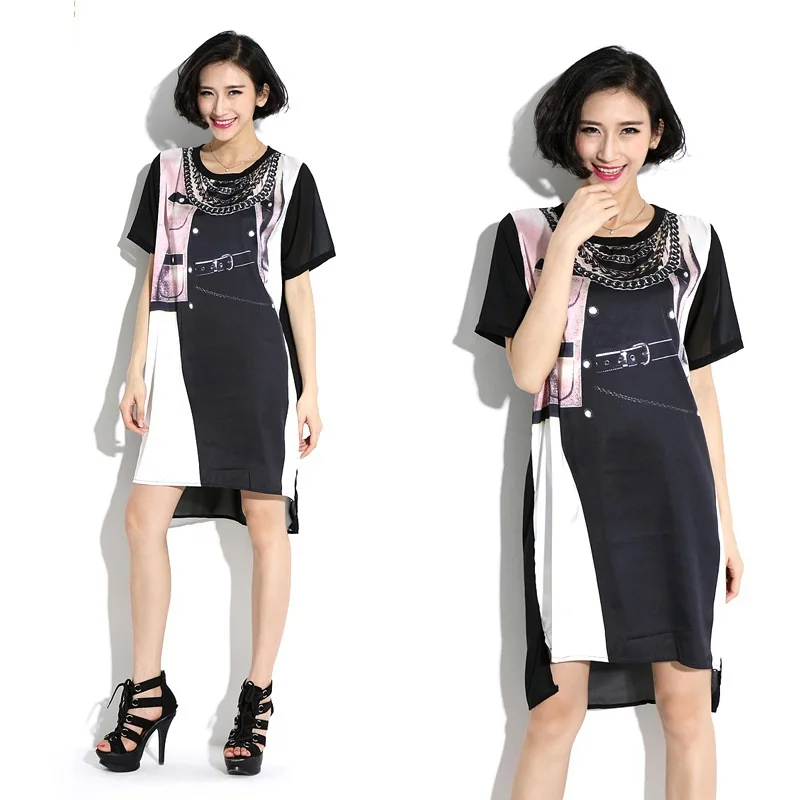 2015Summer Style Fashion Printed Chiffon Dress Ladies Loose fit asymmetrical elegant dress plus size casual vestidos tunic dress