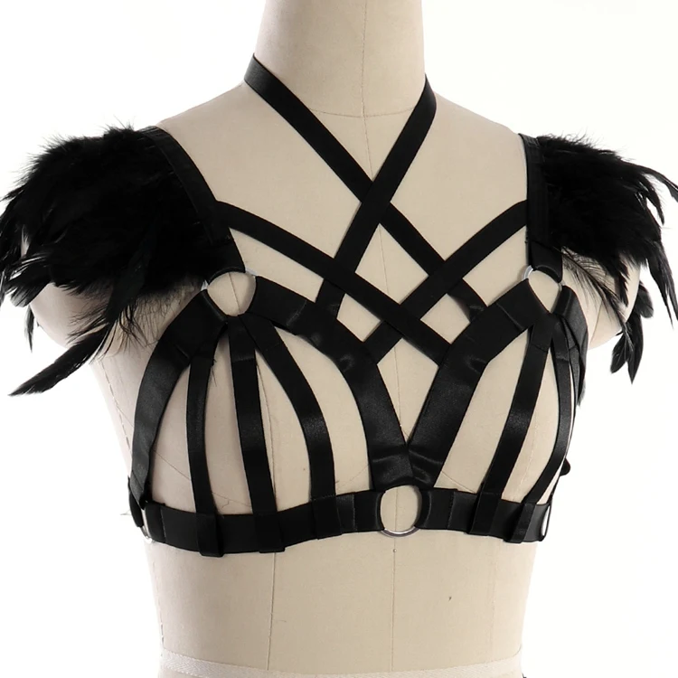 Black Lingerie Sexy Tops Soft Feather Harness Steampunk Gothic Adjust