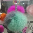fur ball keychain with tassel key chain/fox fur ball keychain/blue fox fur pompoms