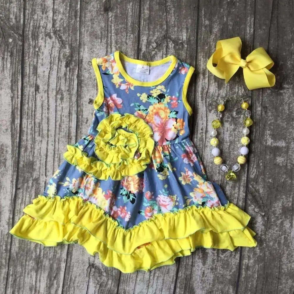 baby girls clothes kids wear summer coral yellow floral princess ruffles dress cotton match accessories boutique sleeveless