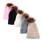 2019 hot selling custom logo winter newborn acrylic knit beanie kid faux fur pom pom hat wholesale