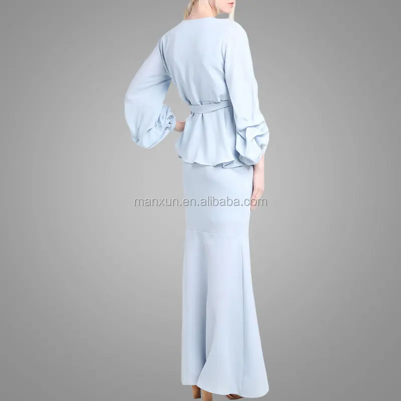Kebaya Beaded Long Puff Sleeve Kurung  2017 Muslim Dress Light Blue Baju Kurung And Baju Melayu 