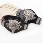 Wolf Custom Alloy Animal Shape Wolf Head Charm Wide Leather Cuff Bracelets Bangles