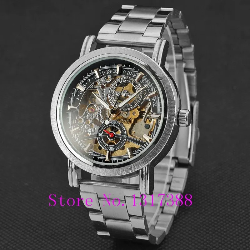 New Fashion Gold Skeleton Watch Men Luury Brand Self Wind Mechanical Wristwatches Male Stainless Steel Analog Clock W125