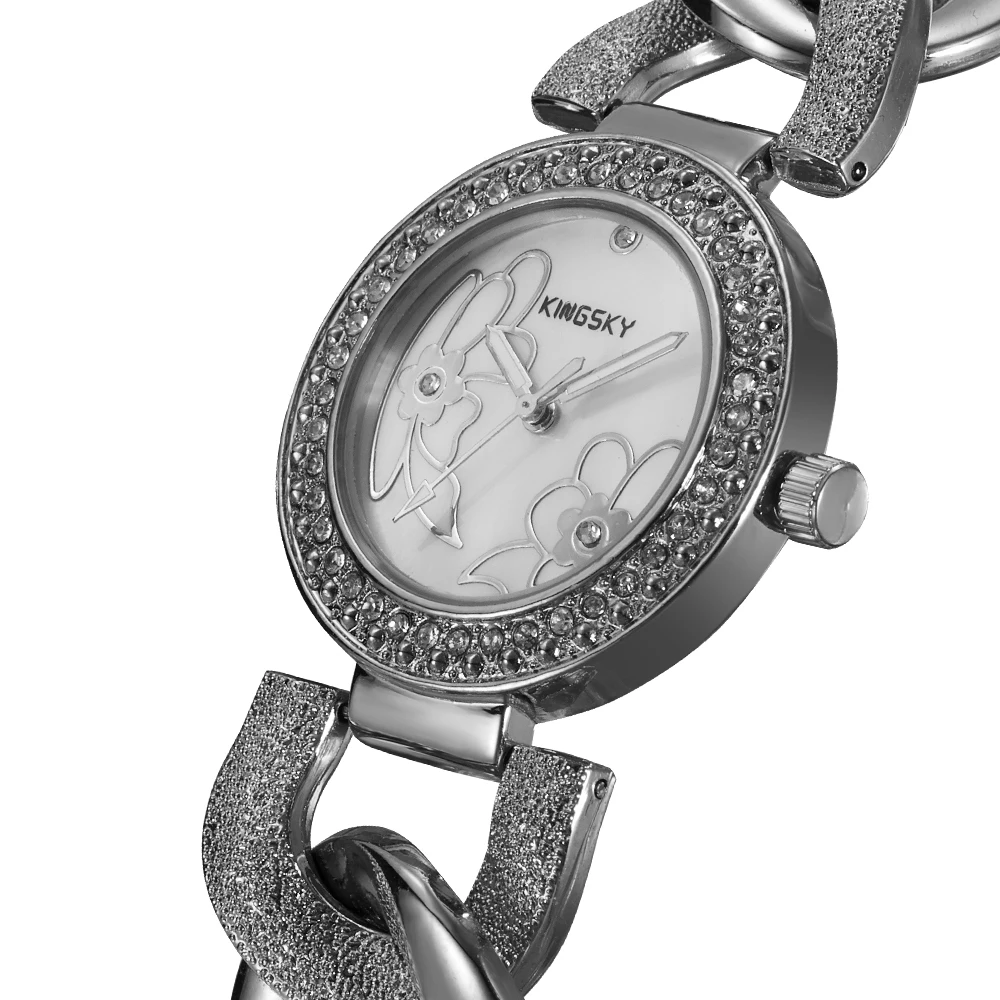 Ladies Fashion Watches 2015 Newest Women Watch Best Gift Silver Round Dial With Flower Bracelet Quartz Diamond Female Watches