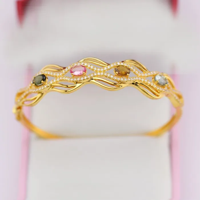 Hot Sale Fashional Designs 925 Sterling Silver Bracelet 18K Gold Plated Colorful Cubic Zirconia Jewelry Bangle