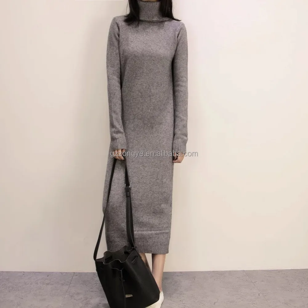 Высокого качества Женская мода Водолазка Вязание чистый серый шерстяной длинный тонкий платье