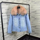 Raccoon fur collar jean jacket women with fox fur/rabbit fur lining