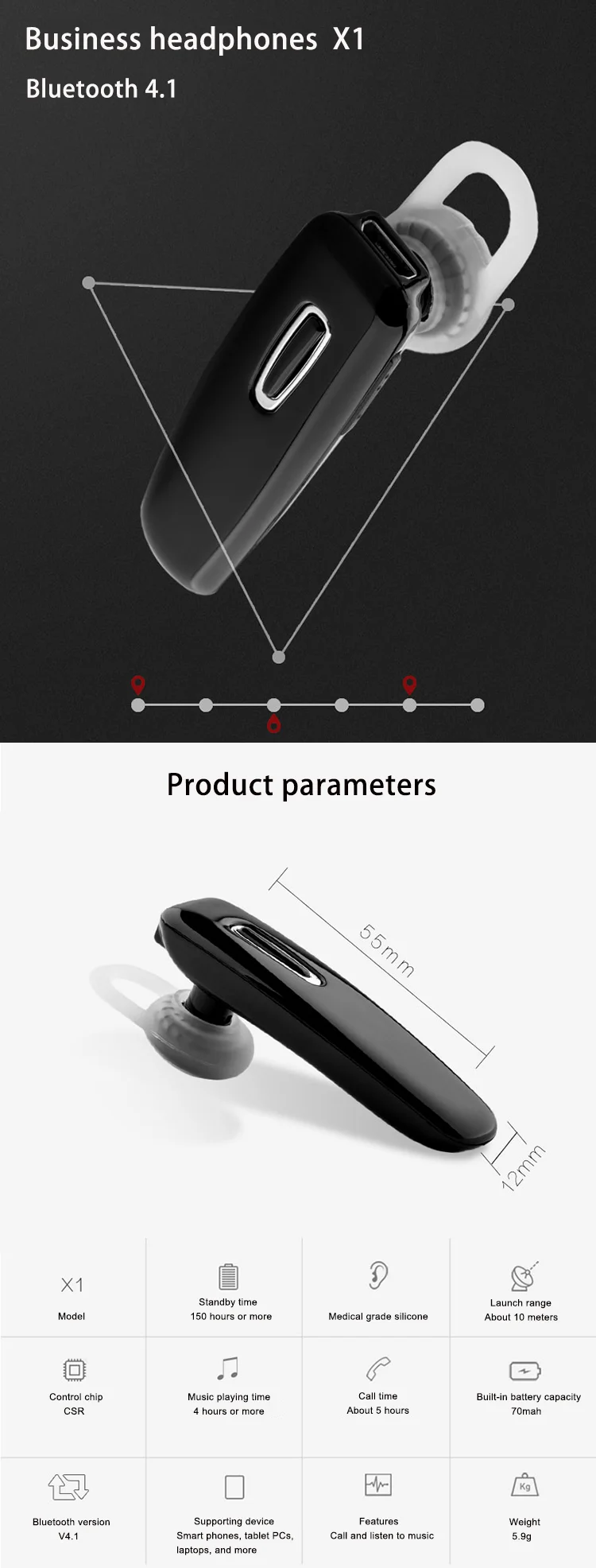 Best sell black noise reduction wireless headset for Mobile Phone