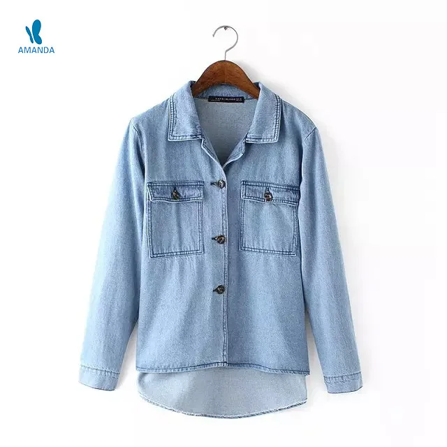 Fashion long sleeve women denim Shirts blouse big pocket Casual ladies denim Jeans shirts summer autumn women jeans denim shirts