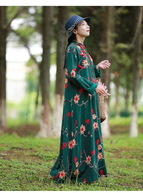 LZJN-Long Sleeve Maxi Dress for Women, Chinese Style, Tunic