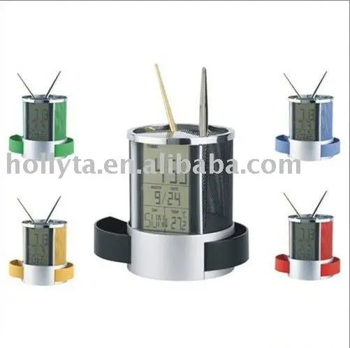 penholder for promotional gifts Multifunction calendar brush barrel with clock penholder with drawer