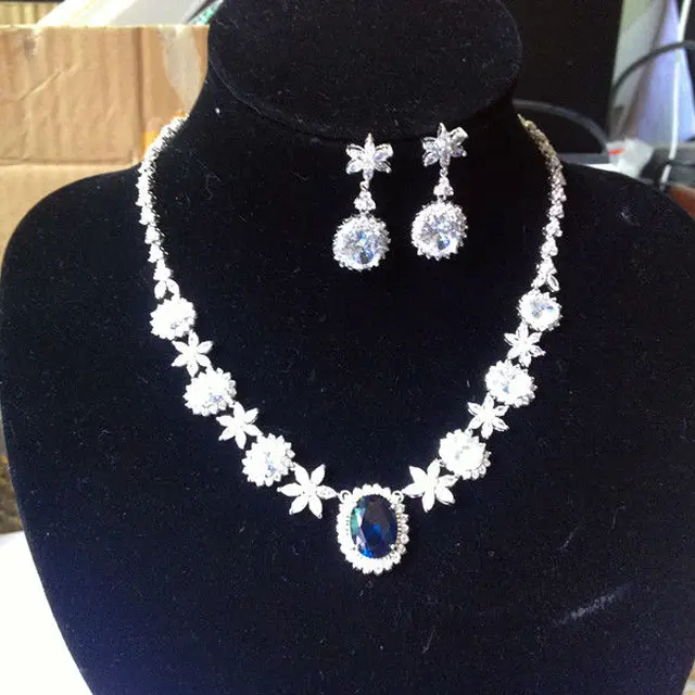 sapphire necklace earring set Cubic Zirconia Statement Bridal Neck Set