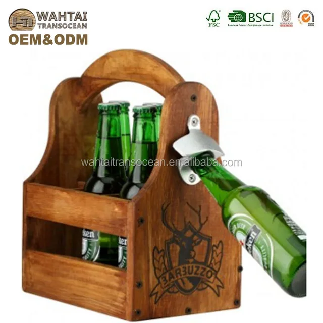 6 pack wood beer carrier and condiment caddy with bottle opener