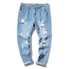 2019 spring arrival USA popular men's streetwear light blue ripped destoryed washed slim fit denim jeans for man