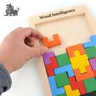 Wooden Tetris Puzzle Brain Teasers Toy Tangram Jigsaw Intelligence Colorful 3D Russian Blocks Game