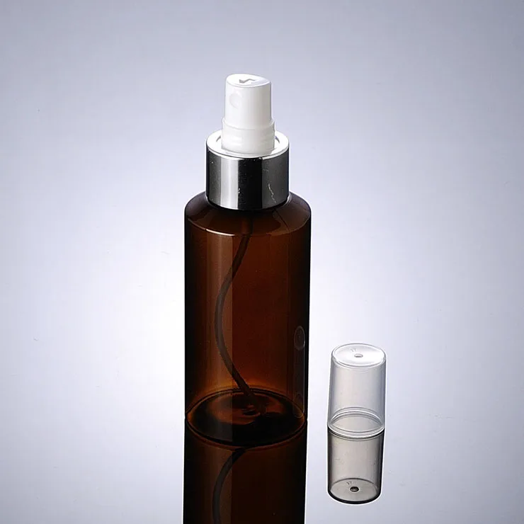 High quality sliver spray cap 100ml green amber plastic cosmetic pet bottle