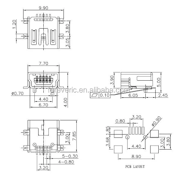 mini usb type b female 5 pin smt smd pcb socket connector short