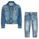 Royal wolf denim garment factory blue vintage wash ripped jacket and jeans kids clothes clothing sets
