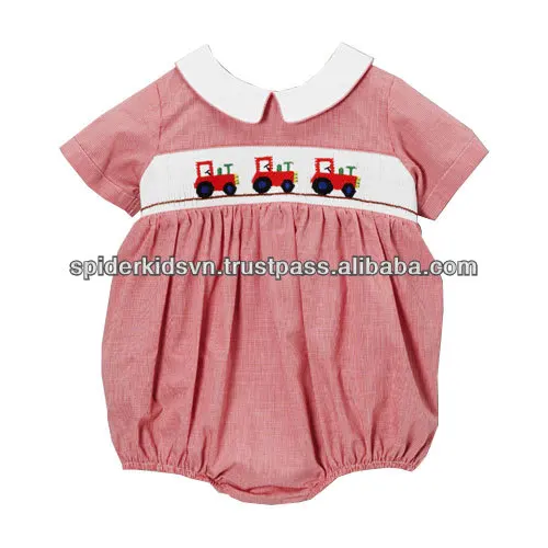 Red Micro Gingham Tractor Smocked Bubble Bodysuit