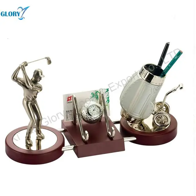 Quality Silver Detachable Metal Golf Statue Pen Holder Set