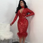 turtle neck V neck long sleeve fur tail celebrity party sequins dress red