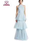 Hot sales evening sleeveless halter blue long women lace party dress maxi dress